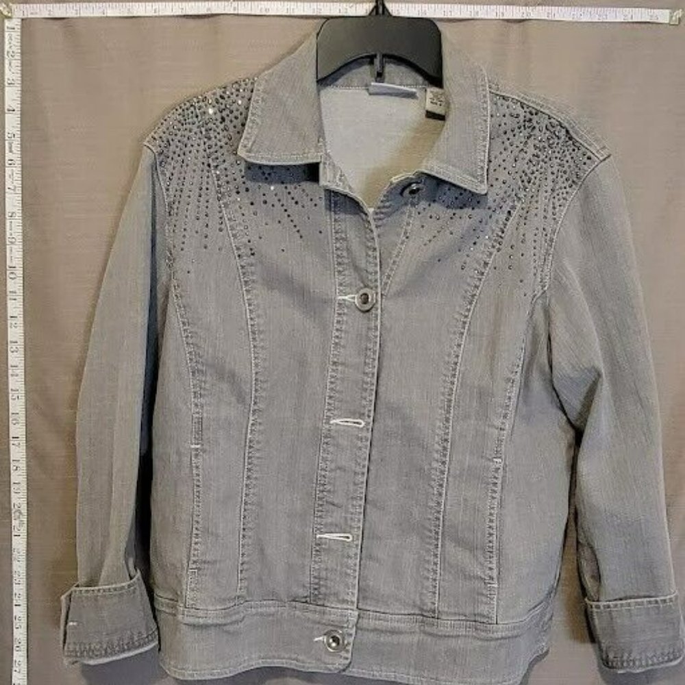 Chicos Platinum womans/mens/teens gray beaded jean jacket